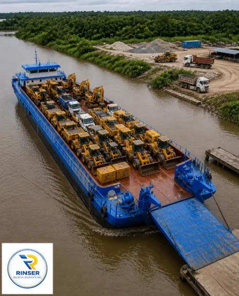 Blue barge loaded with construction equipment beside a river facility